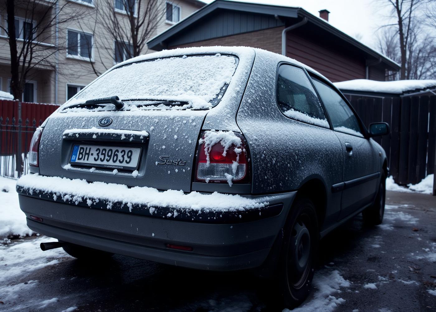 Lumen peittämä vanhempi käyttöauto pihalla talvella